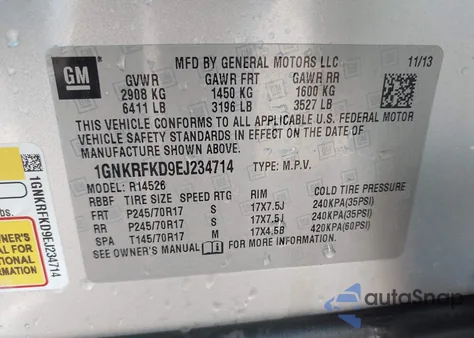 2014 Chevrolet Traverse Ls из США, поврежденный, VIN 1GNKRFKD9EJ234714